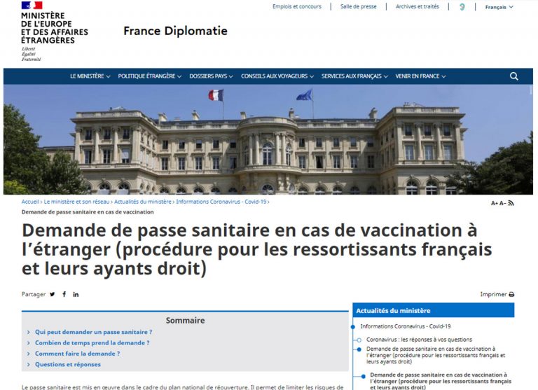Procédure pour obtenir le Passe Sanitaire pour les français de l’étranger
